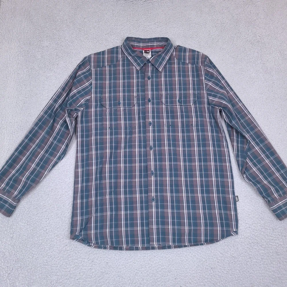 The North‎ Face Shirt Mens Medium Aqua Blue Gray Plaid Button Down Long Sleeve